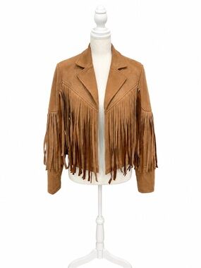 Ebossy NWT Faux Suede Fringe Jacket XS Western Boho Cropped Camel Tan